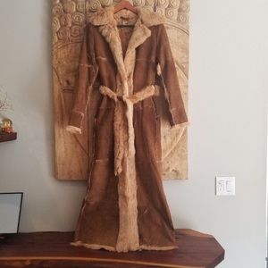 FULL LENGTH BROWN SUEDE/BEIGE REAL RABBIT FUR COAT